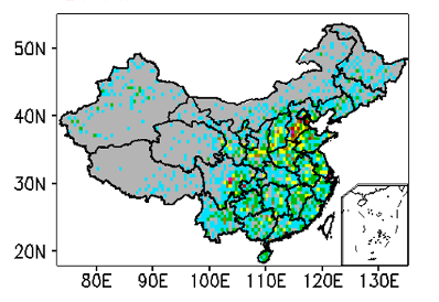 Map of China showing the number of rain gauges per 0.25 degree grid box.