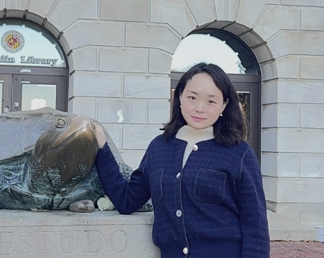 Huan Li at the Testudo statue in front of McKeldin Library, University of Maryland.